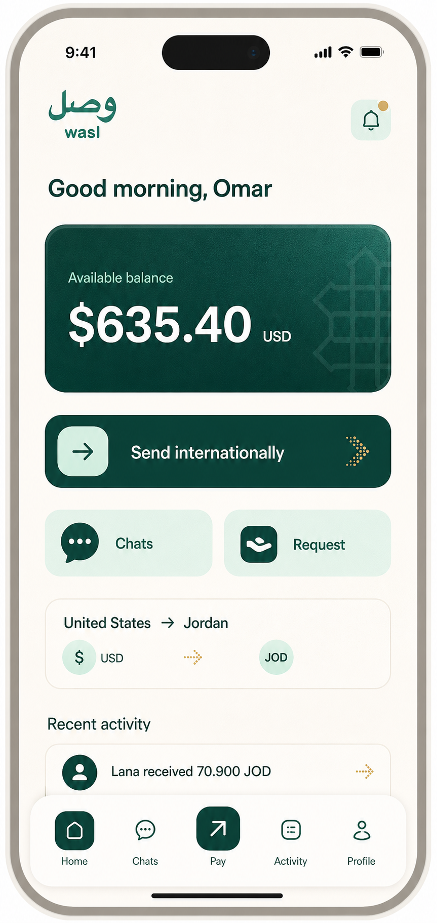 Wasl home-screen prototype with wallet, chats, pay, and activity