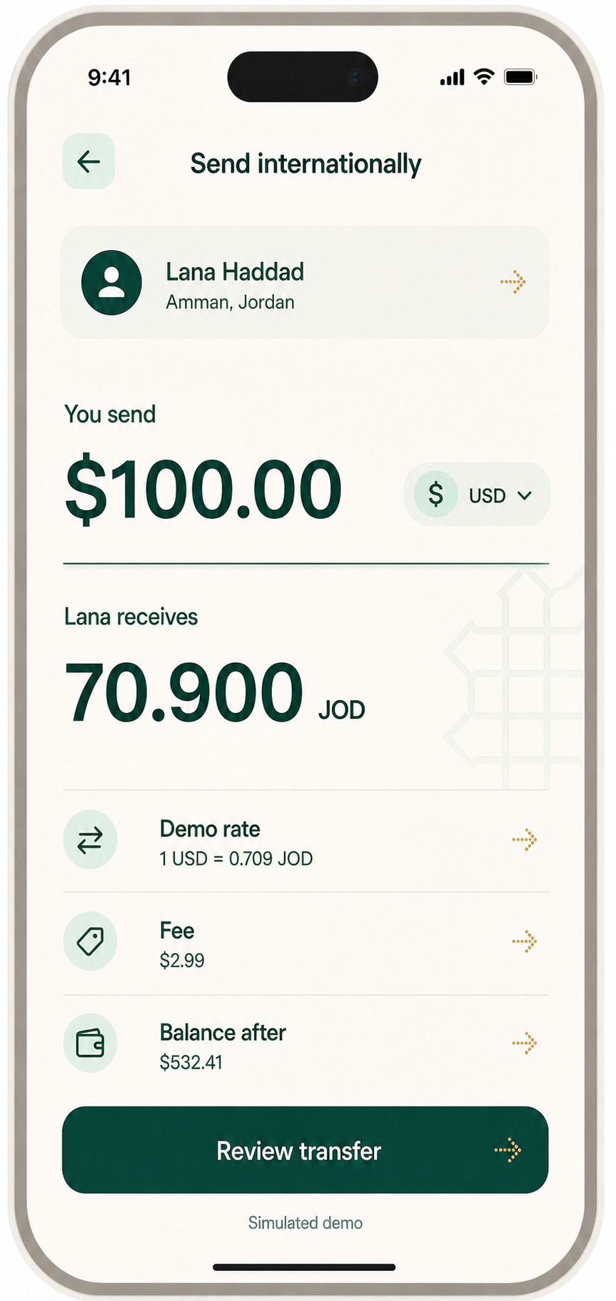 Wasl simulated USD to JOD sending flow